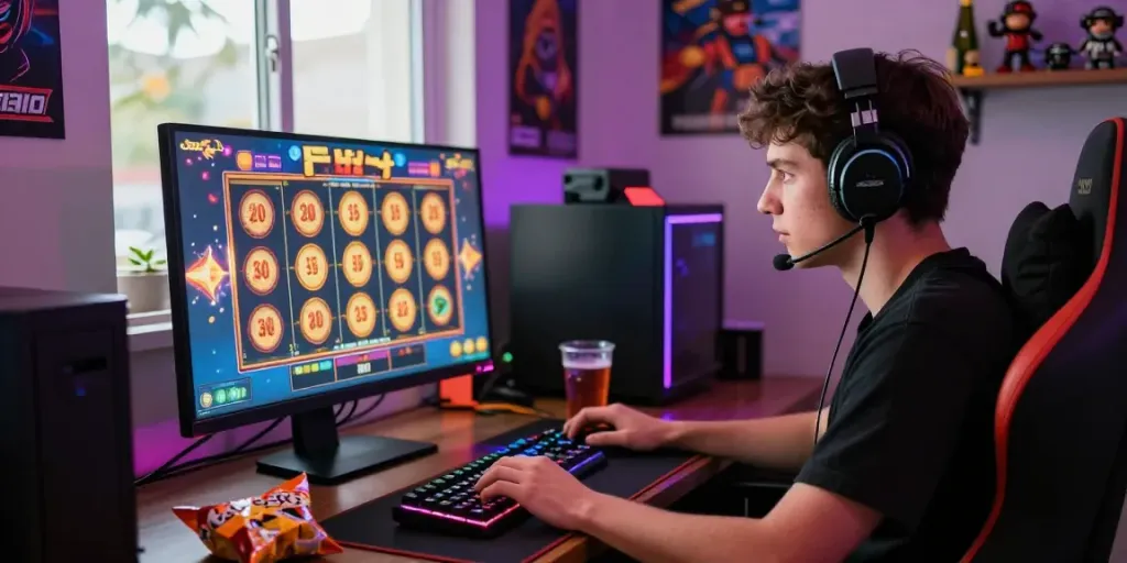 Player engaging with link alternatif proplay88 at a vibrant gaming desk, with a high-resolution monitor showcasing a thrilling slot game.