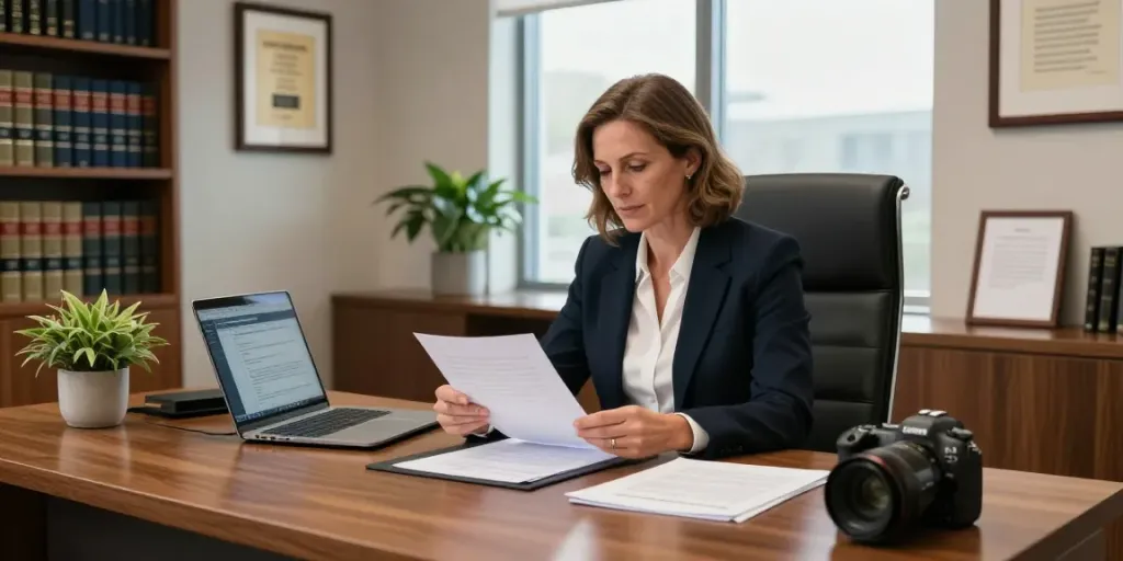 Karen McCleave attorney reviewing legal documents in her professional office.