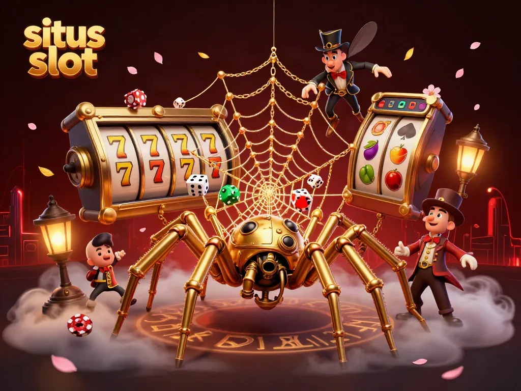 Situs slot themed 3D illustration of a golden spider and fly gentleman in a dynamic casino setting.