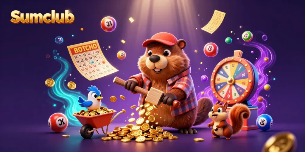 Sumclub illustration showcasing a cartoon beaver collecting golden coins amidst a lively casino backdrop.