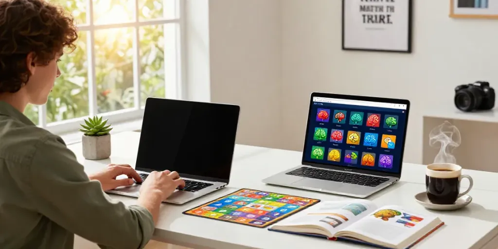 Engaging workspace at brainslot.net showcasing brain games and a focused individual.