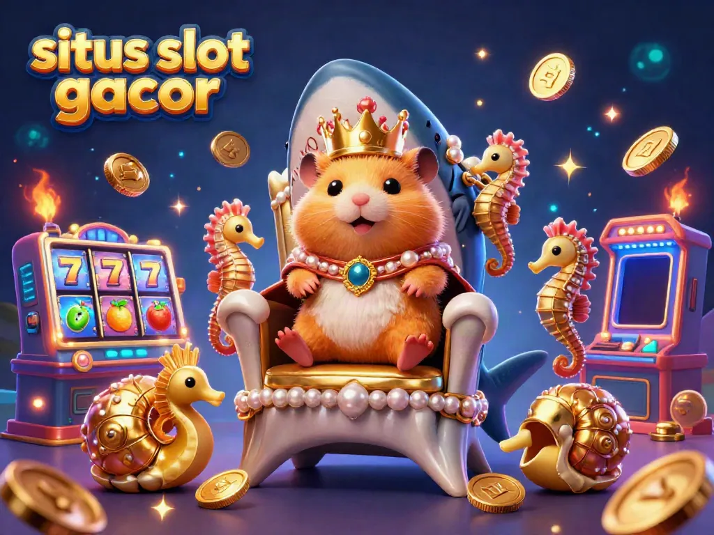 Ilustrasi kasino 3D menampilkan raja hamster emas di takhta gigi hiu megalodon, simbol situs slot gacor di sekitarnya.