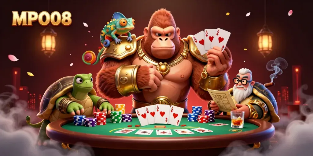 Engaging MPO08 scene with a gorilla king, chameleon spy, and tortoise elder amidst a vibrant casino setting.