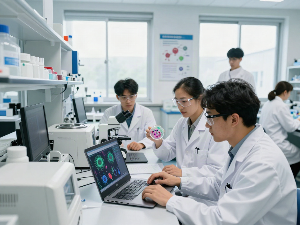 Cancer research scientists collaborating in a modern lab environment, analyzing data and conducting experiments.
