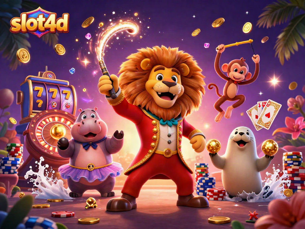 Experience the slot4d excitement with a circus-themed gambling illustration featuring iconic casino elements.