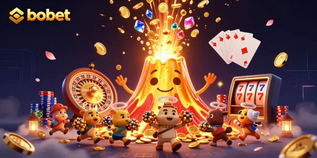 Experience sbobet excitement with a dynamic scene of a golden volcano, treasure, and casino games.