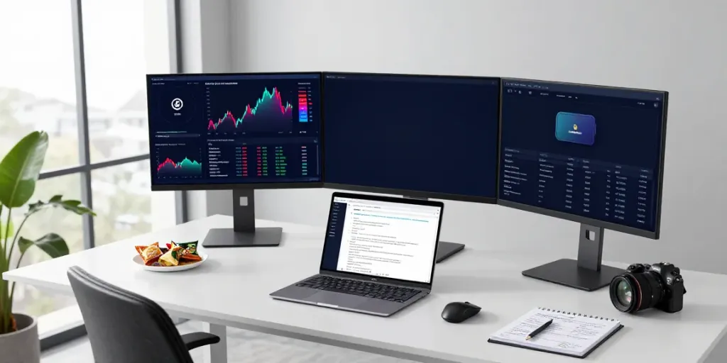 Real-time financial data API interface on multiple screens in a professional crypto workspace
