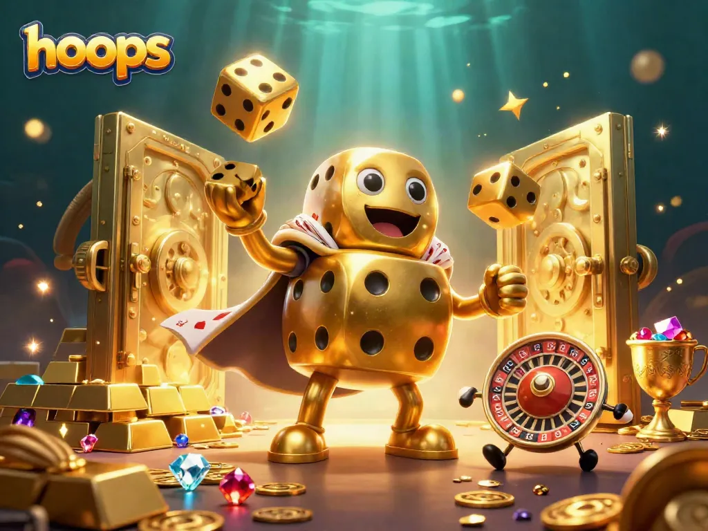 Engage with dynamic hoops characters amidst glimmering casino treasures in a vibrant scene.