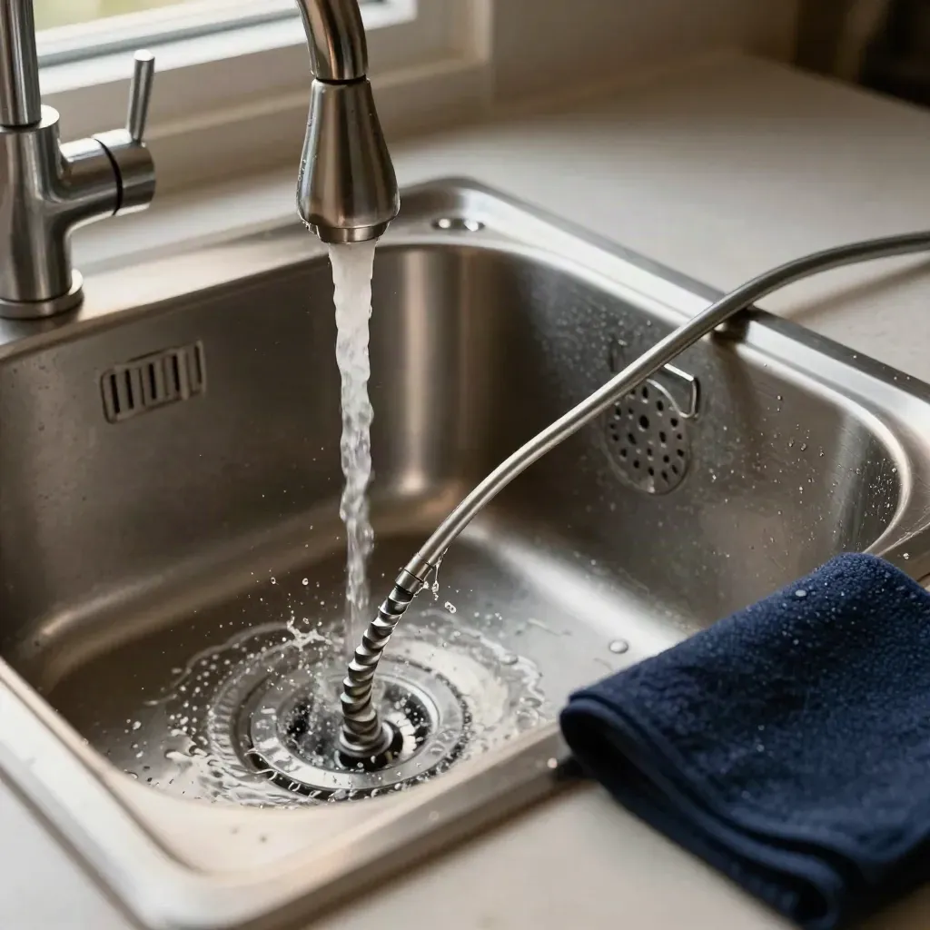 Stainless sink drain snake clearing a clog as water spirals down and mist hangs in light.
