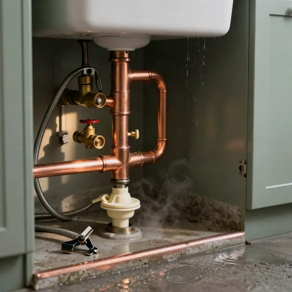 Low-angle under-sink plumbing bay with copper lines, brass valves, wet concrete, and steam