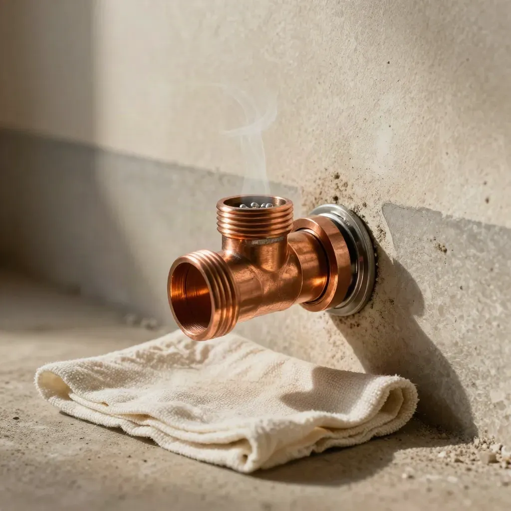 Repaired copper pipe coupling beside a plaster wall with folded drop cloths below