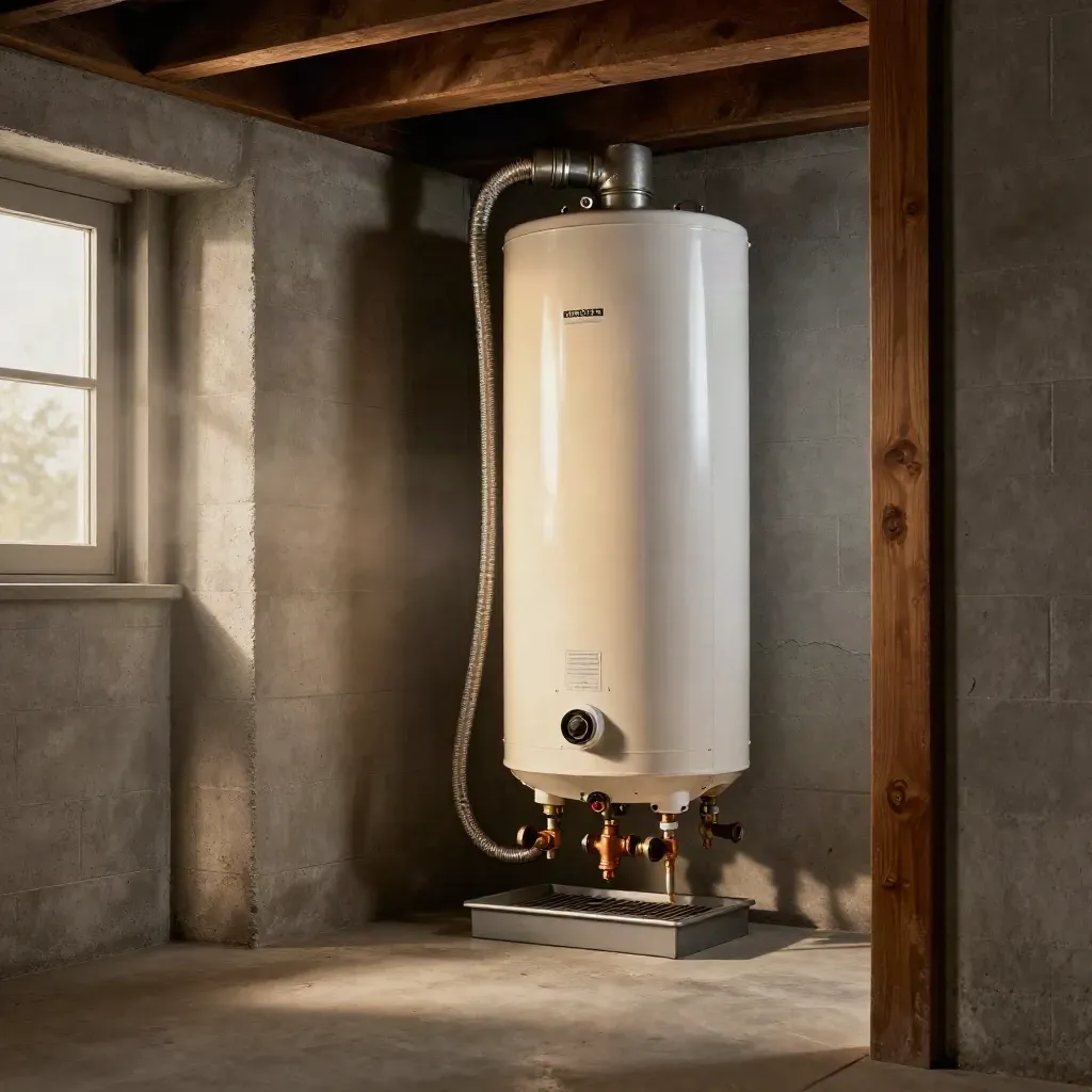 New tank water heater in a basement alcove, first heat cycle, bright flex lines and vent elbow.
