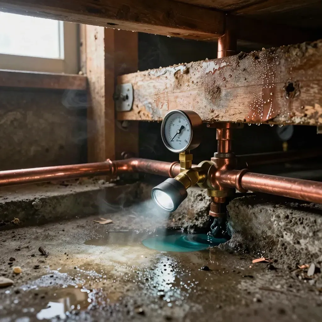 Leak detection in a damp crawlspace with copper pipe, gauge, dye and flashlight glow.