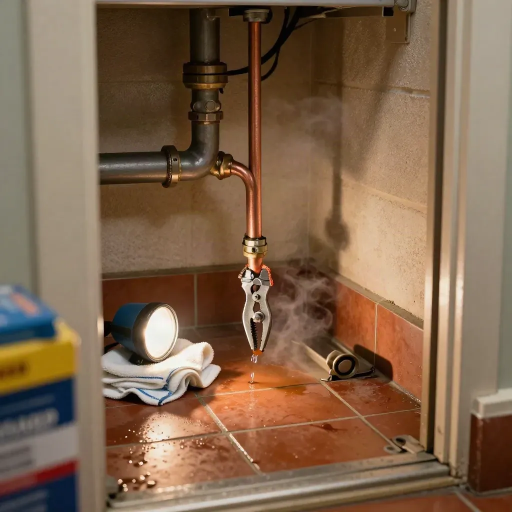 Burst-pipe clamp, towels, and work light in a utility closet after overflow is stopped.