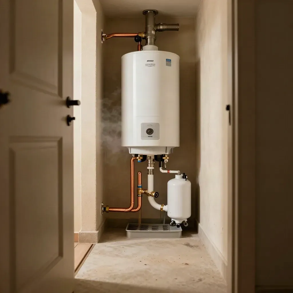 Low-angle view of a new water heater glowing in a rental utility closet with copper lines and steam.