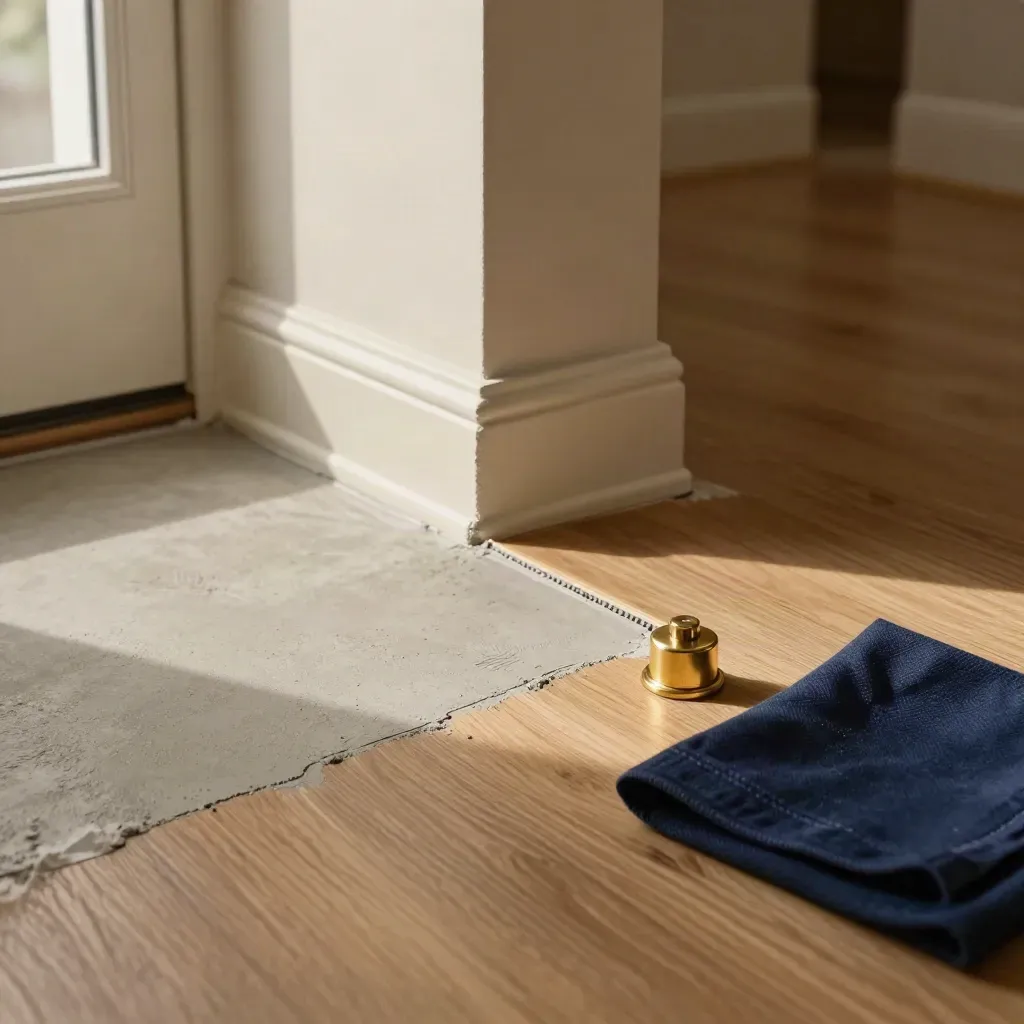 Dry slab repair beside a baseboard and oak floor edge in warm hallway light.