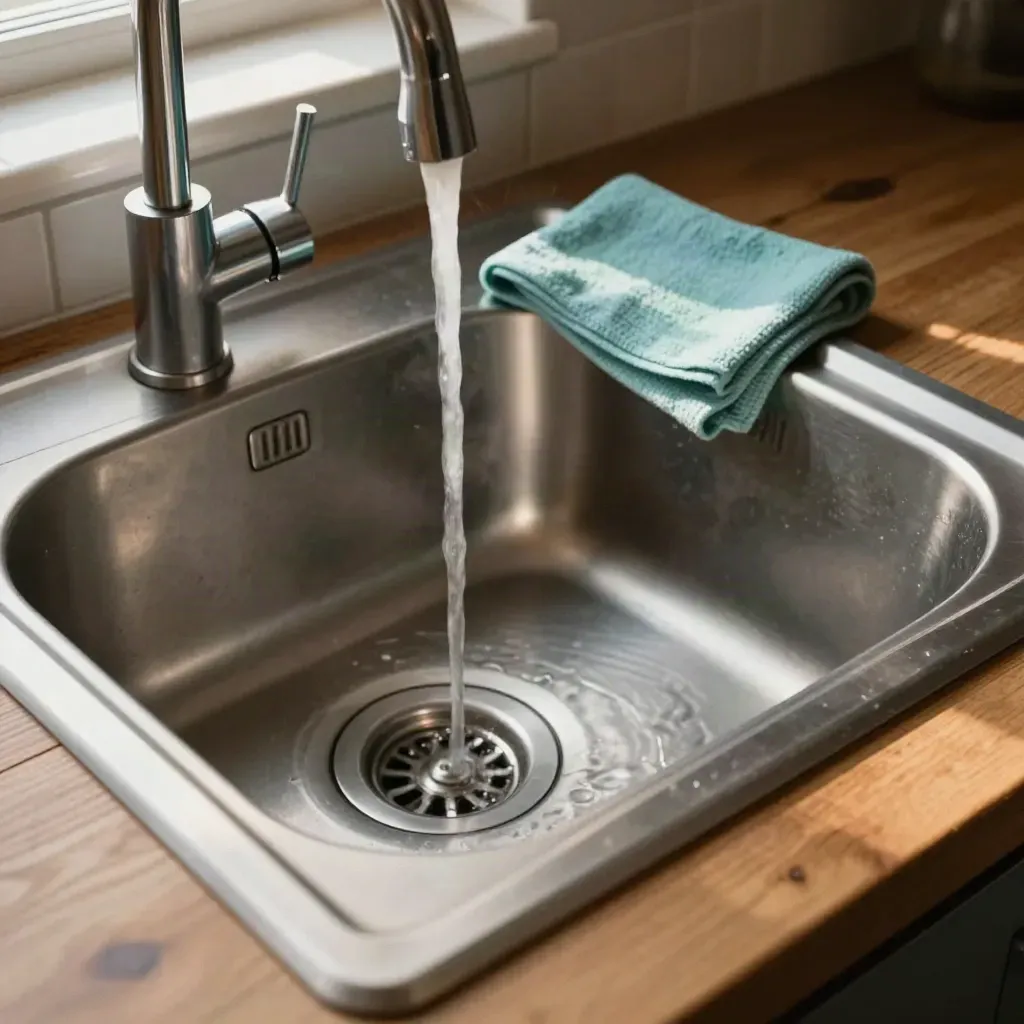 Steam and clear water drain from a stainless prep sink in a warm cafe kitchen.