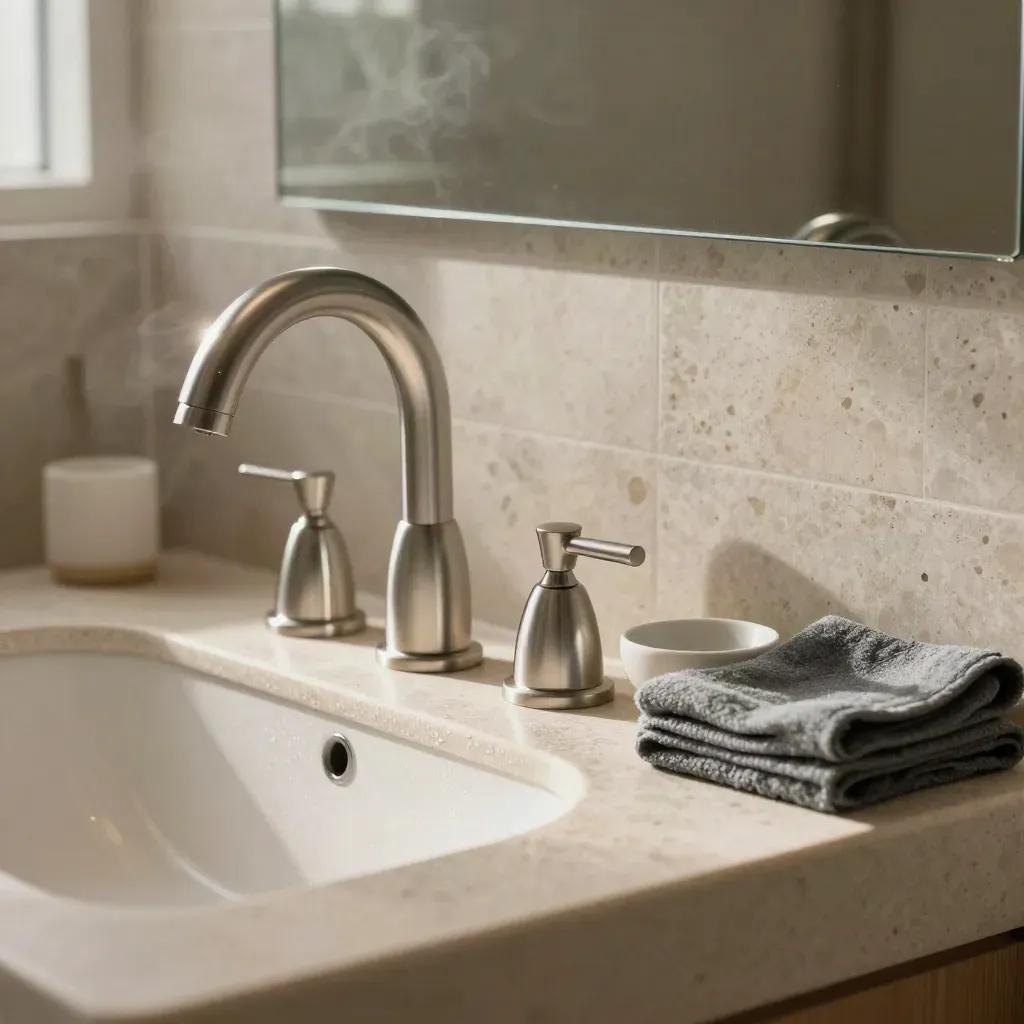 Brushed faucet and shutoff valves beside a stone vanity edge in soft bathroom steam.