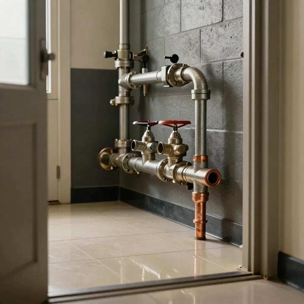 Dry commercial utility room with fresh copper pipe repair, dry tile floor, and cool corridor haze.