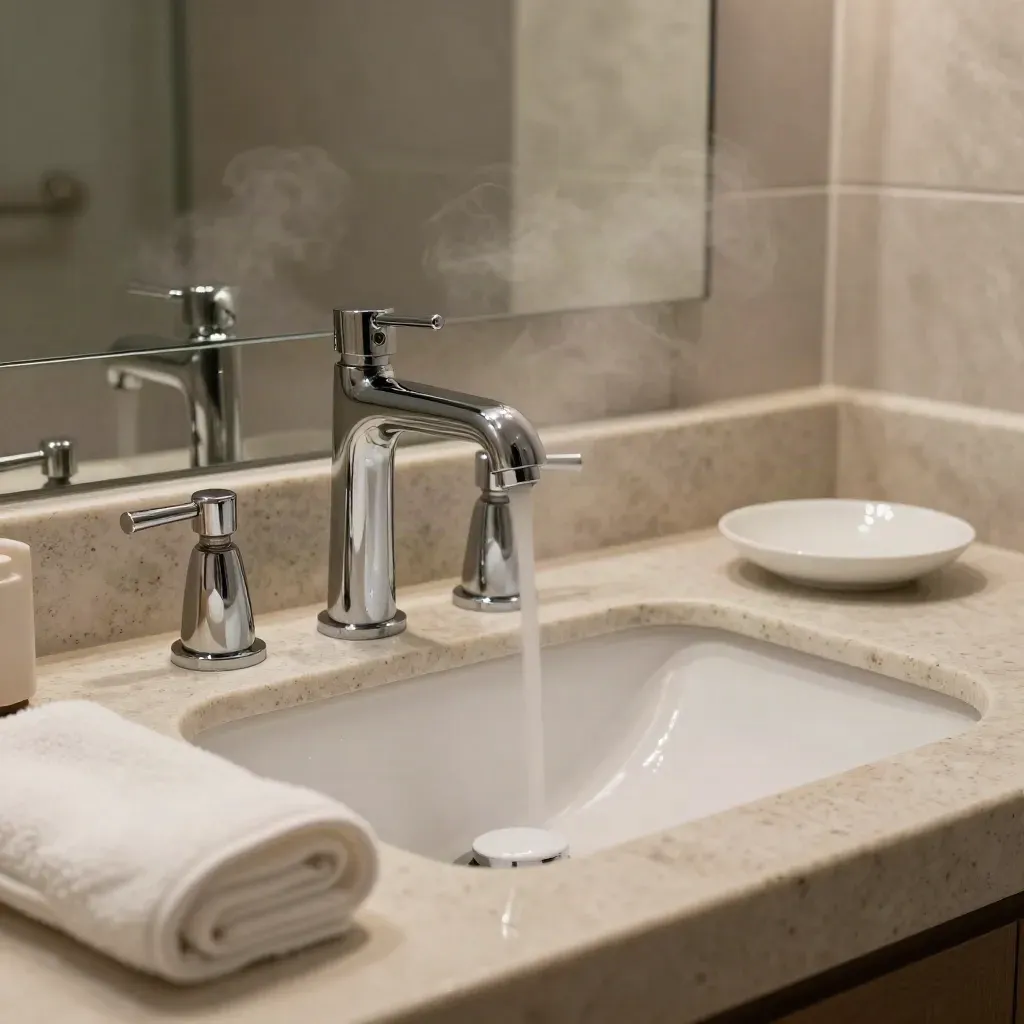 Polished bathroom faucet with new shutoff valves over a stone vanity, softly steaming and finished.
