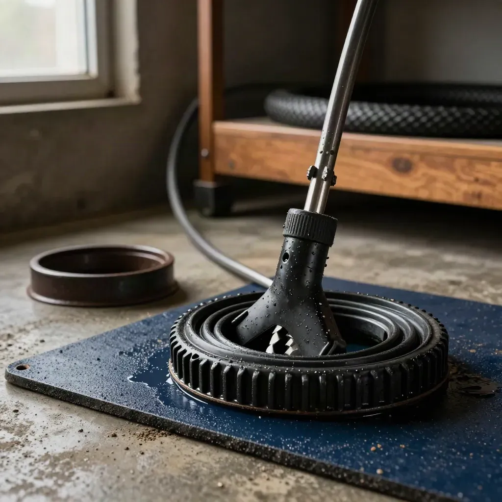 Wet drain auger head, root cutter bit, and trap gasket on a navy mat in a dim basement