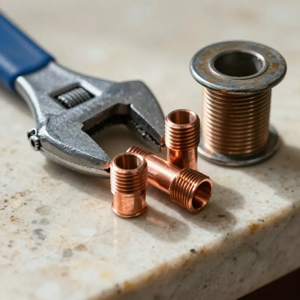Copper pipe-threading dies, blue-handled wrench, and solder spool on pale travertine, lit in dramatic macro detail.