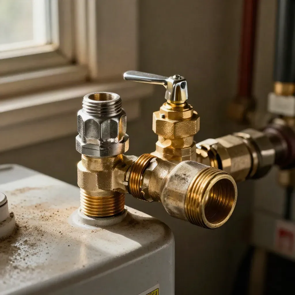 Macro of water heater unions, brass shutoff, and vent elbow on a slate utility shelf.