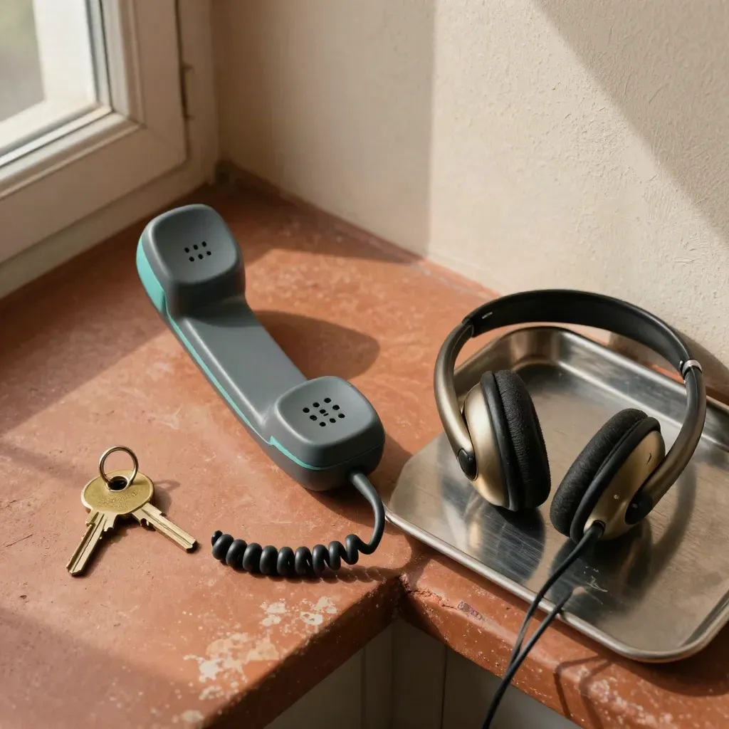 Top-down dispatch handset, brass key ring and headset on a terracotta ledge in soft morning light.