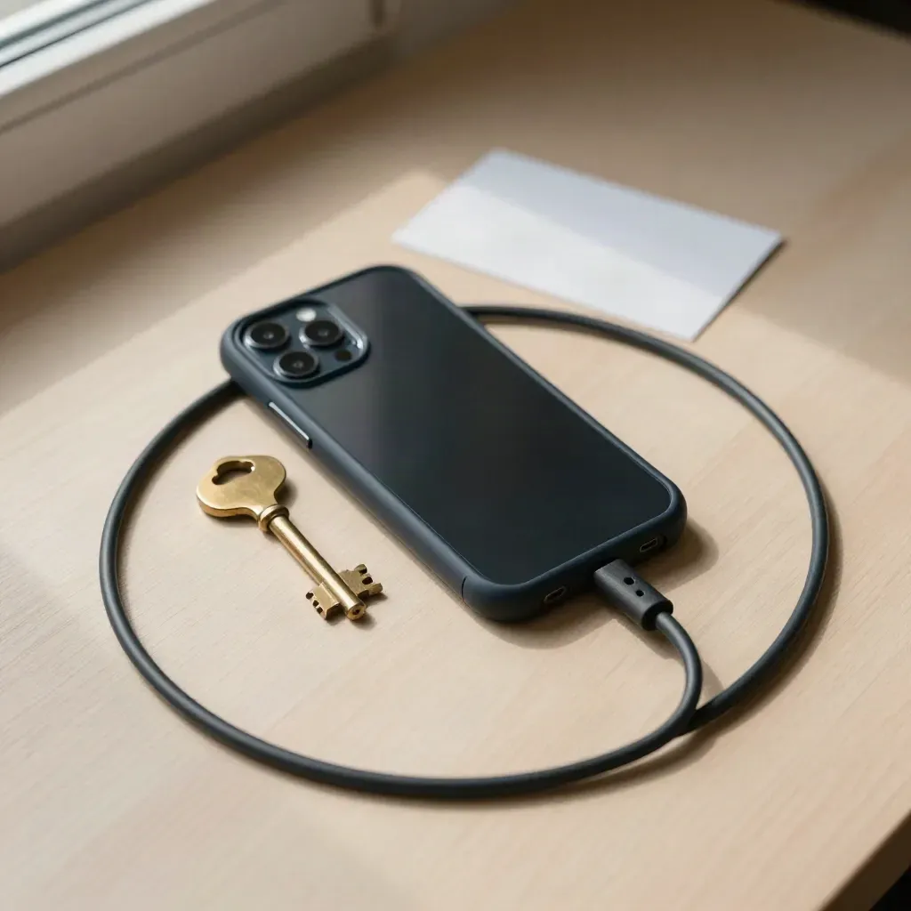 Face-down smartphone, brass key and coiled cable on pale wood in soft side light.