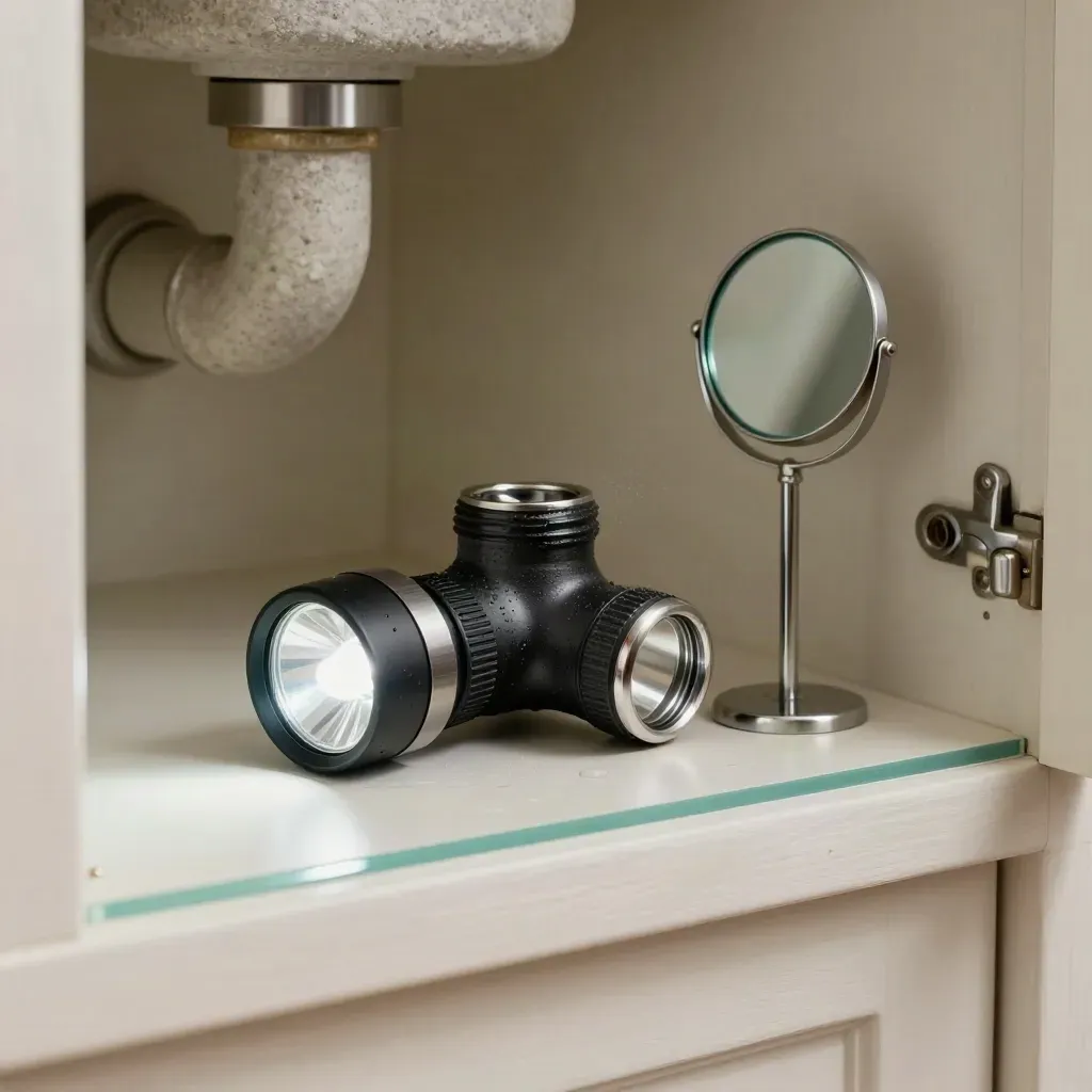 Under-sink plumbing inspection with flashlight, damp elbow pipe, and compact mirror in soft light.
