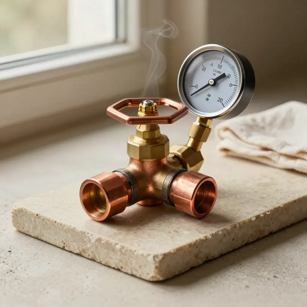Copper union, brass valve and pressure gauge on stone tray in soft side light.