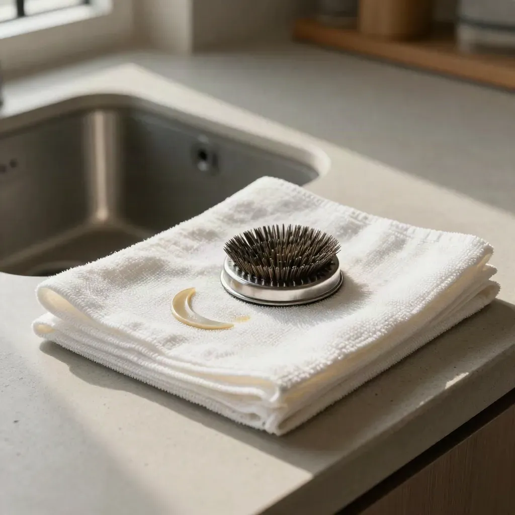 Microfiber cloths, trap cover, and wiped mineral residue on a clean stone counter.