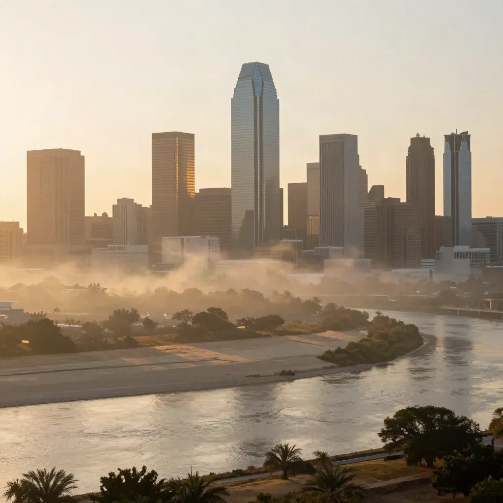 Dallas skyline over the Trinity River floodplain in warm sunrise haze