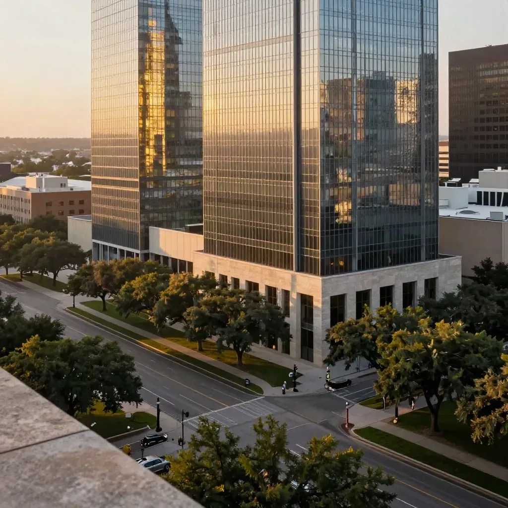 Golden-hour view of North Dallas glass towers above tree-lined boulevards and hazy streets.