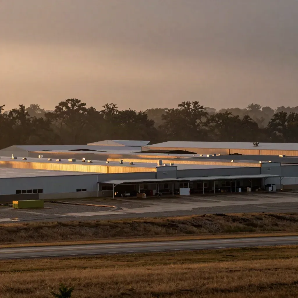 East DFW warehouse roofs and oak canopy glowing after rain under a vast sunset sky.