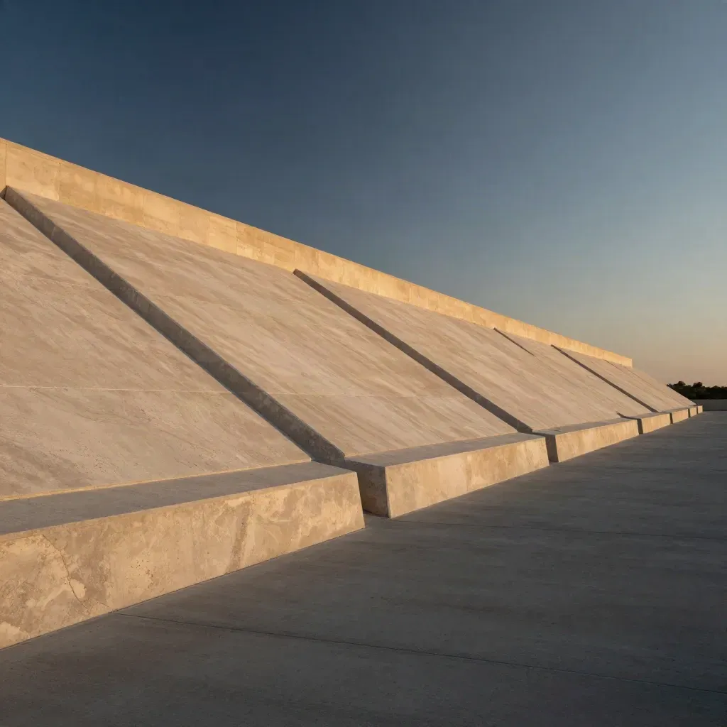 Blue-hour limestone overpasses above a wide empty concrete shoulder in amber haze.