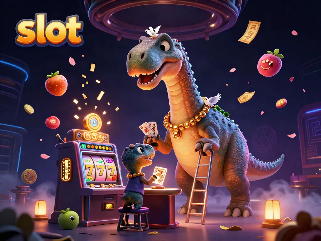 Experience the thrill of slots with a playful dinosaur dealer in a dynamic casino scene.