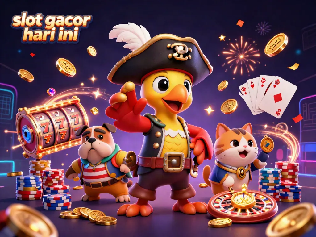 Experience excitement with slot gacor hari ini surrounded by cascading coins and joyful casino characters.