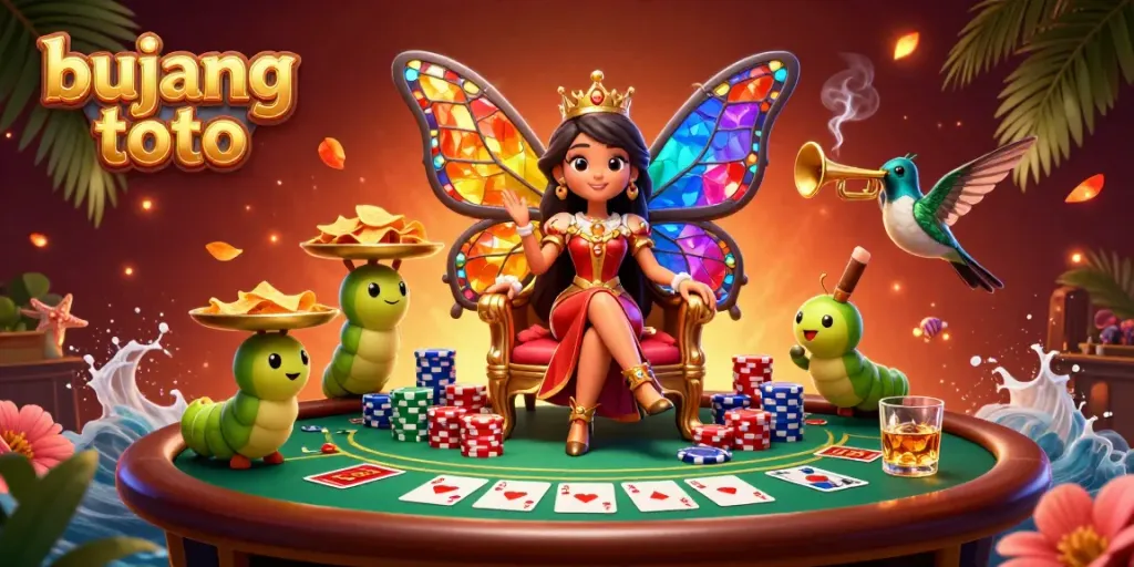 Engage with bujang toto in a vibrant 3D casino scene featuring a butterfly queen surrounded by gaming elements.