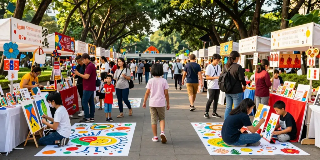 Visitors at freecoloringsheets.net art fair in Jakarta enjoy coloring activities amidst vibrant stalls.
