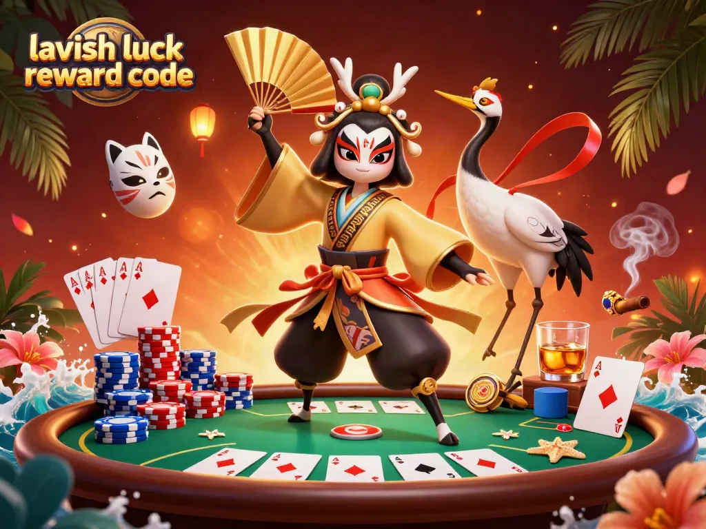 Spin and win with Lavish Luck reward code offers in a vibrant 3D casino illustration showcasing gaming elements.