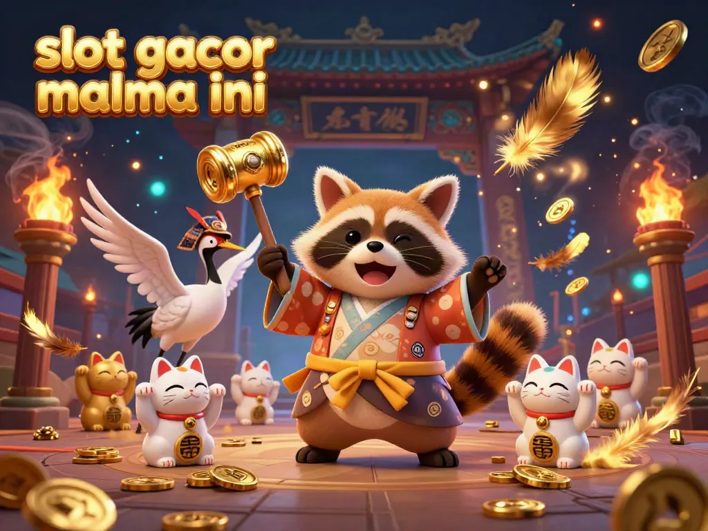 Experience slot gacor malma ini with vivid scenes of tanuki and colorful fortune cats in a dynamic casino setting.
