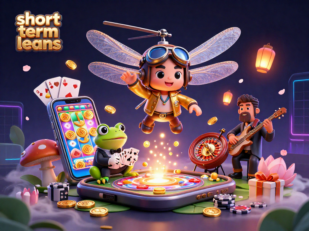 Engage with short term loans options at a vibrant lily pad casino highlighting playful characters in action.