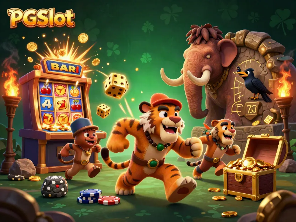 Experience excitement with PGSlot in a vibrant prehistoric casino scene featuring 3D cartoon characters.