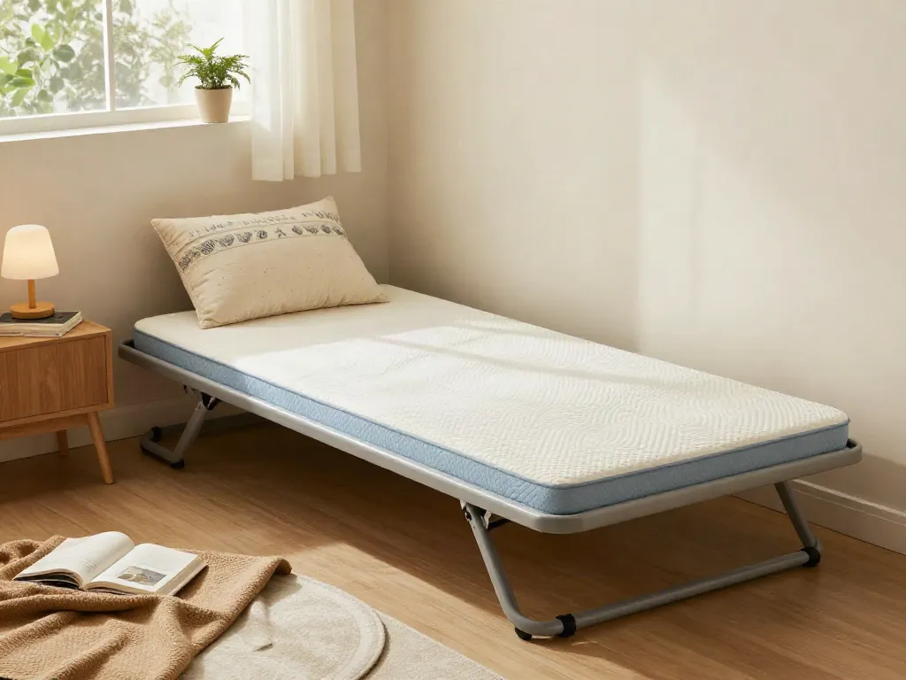 A folding bed with mattress in a cozy bedroom setting, highlighting comfort and style.