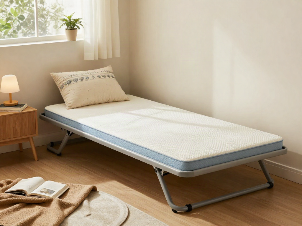 A folding bed with mattress in a cozy bedroom setting, highlighting comfort and style.