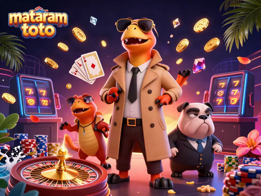 Experience mataram toto excitement with cartoon raptors in a trench coat entering a VIP casino lounge