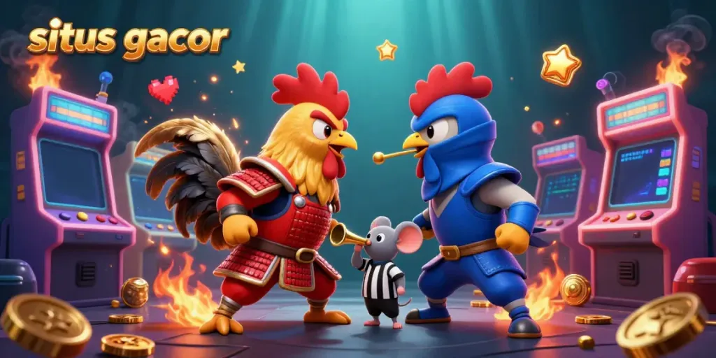 Experience the excitement of situs gacor with dynamic 3D roosters in battle, surrounded by colorful gaming elements.