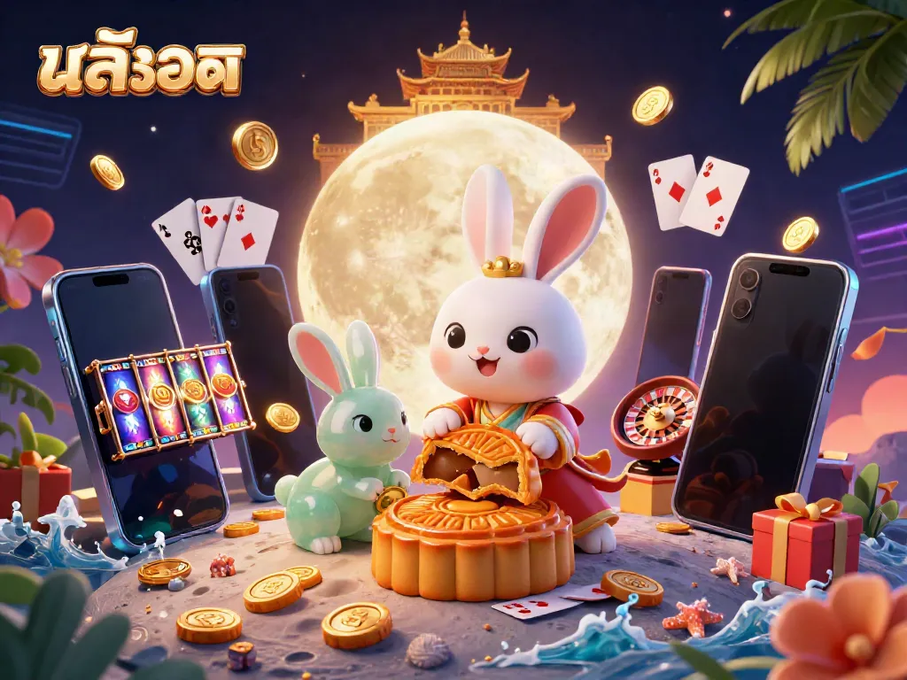 Engage in thrilling สล็อต action with a 3D moon rabbit and jade rabbit surrounded by vibrant casino elements.