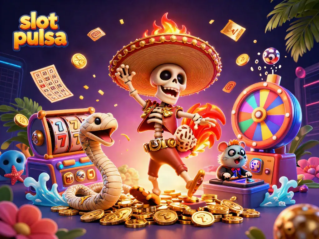 Engage with slot pulsa and enjoy the thrilling victory dance of a mariachi rooster amid colorful casino elements.